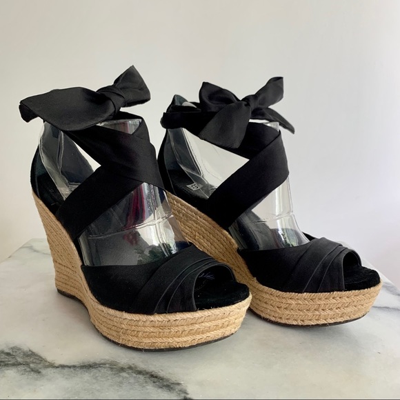 UGG espadrille wedge peekaboo toe sandal with ribbon ankle tie bow black fabric - Picture 2 of 8